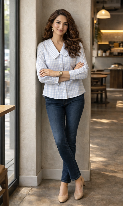Blue Gingham-Check Peter Pan Collared Shirt