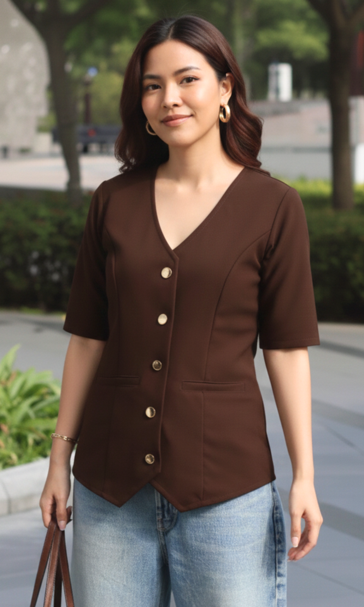 Cocoa Roast Sleeved Metallic Buttoned Waist Coat