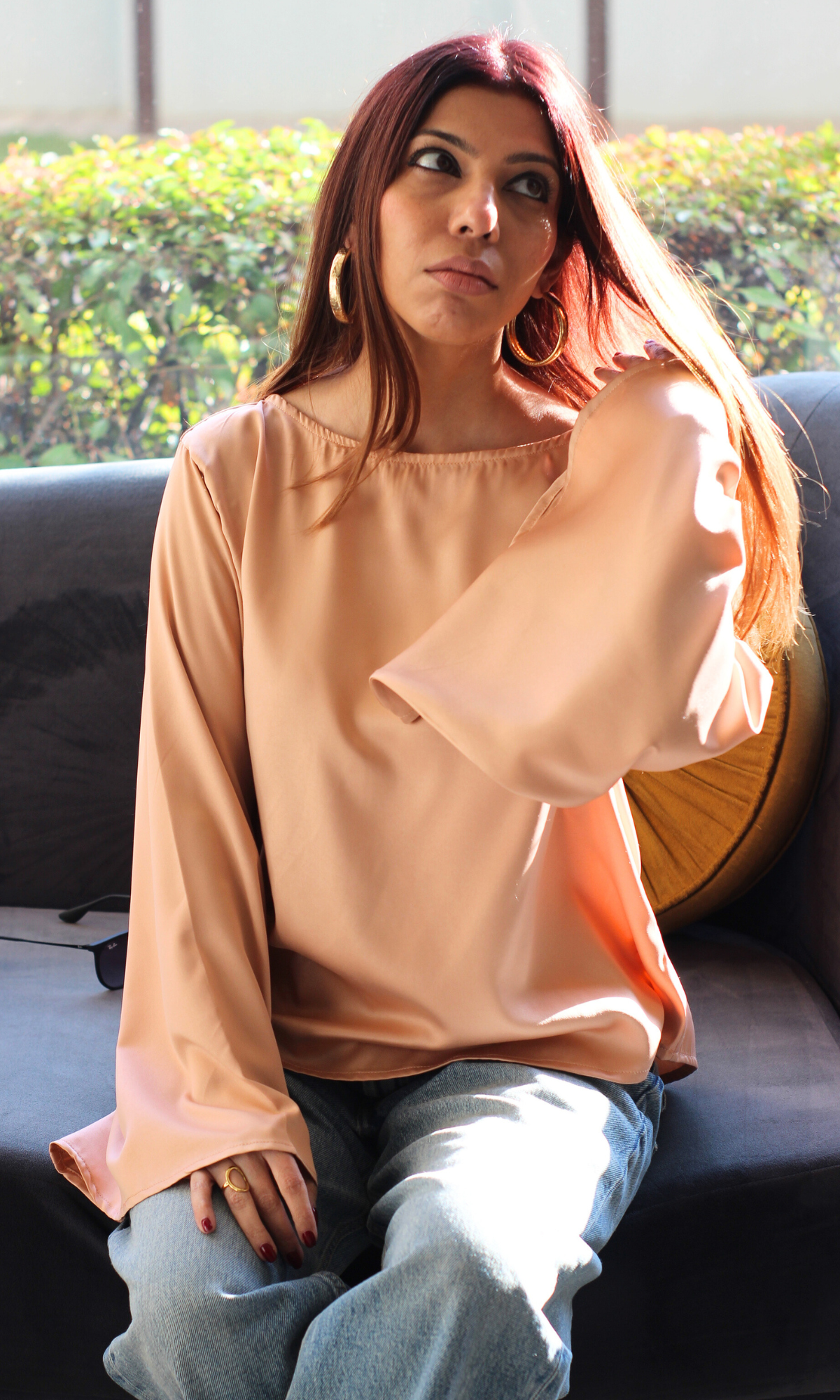 Light Apricot Flared Sleeve Satin Top