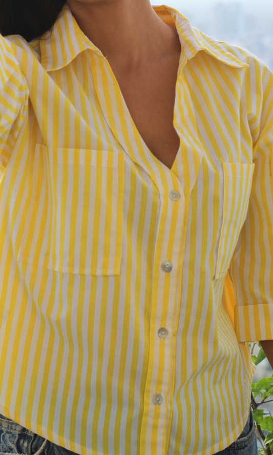 Lime Striped Cotton Cropped Shirt