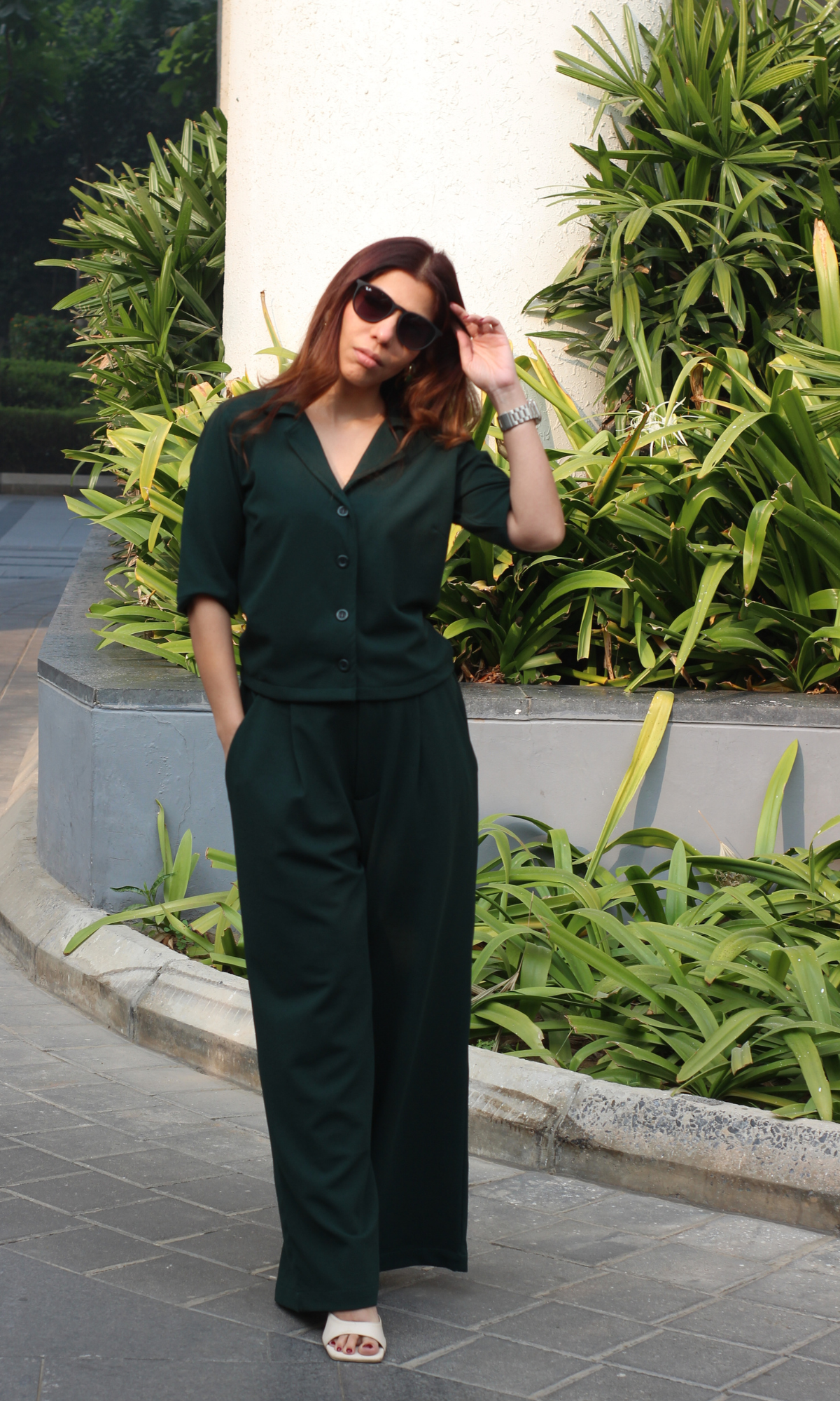 Green Collared Top with Korean Pants Co-ord