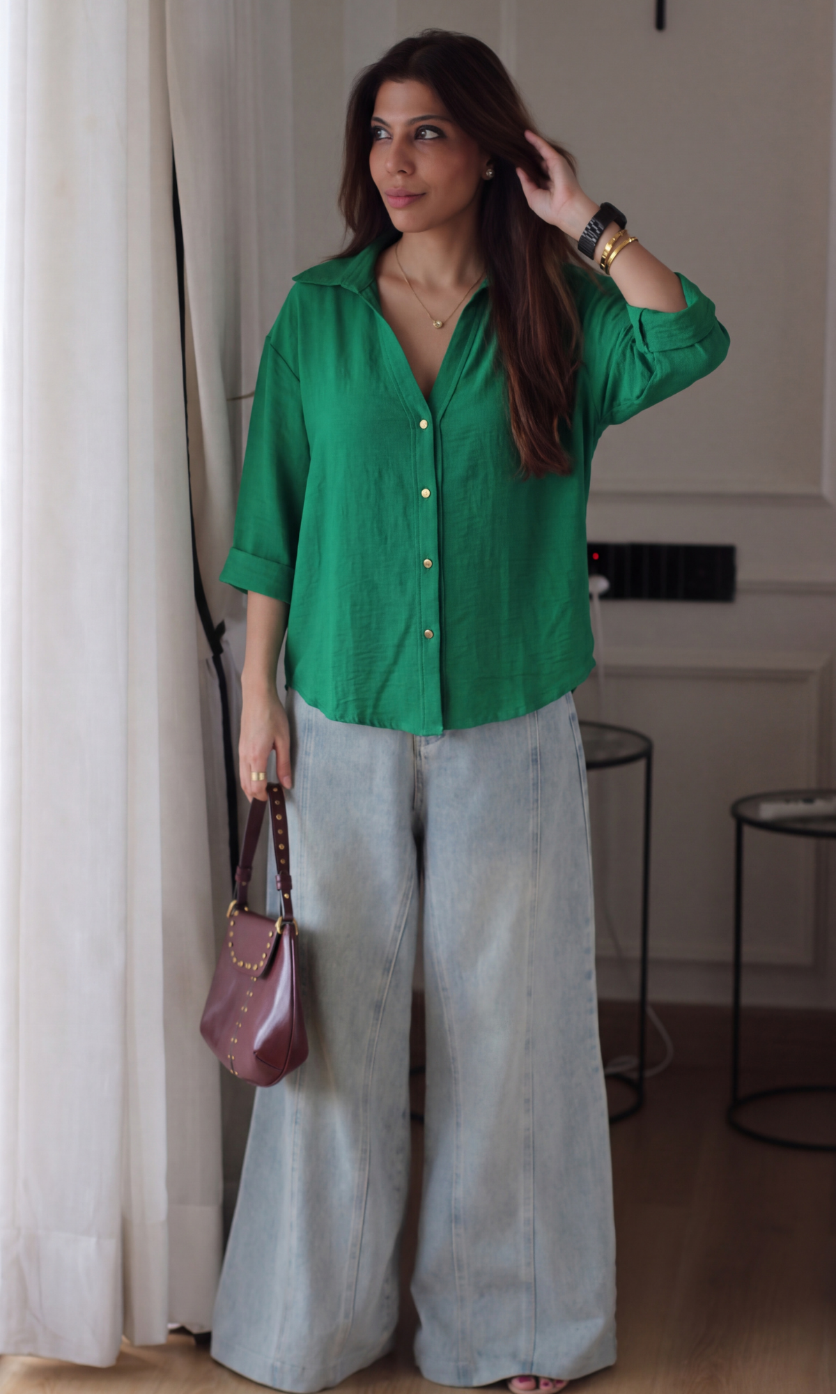 Emerald Green Metallic Button  Boxy Shirt