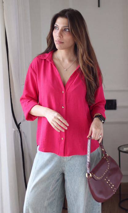 Fuchsia Metallic-Button Boxy Shirt