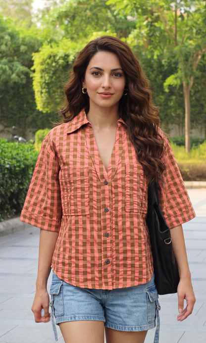 Gingham Patch Pocket Shirt in Rose & Olive