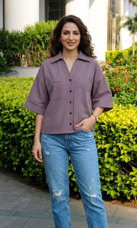 Wine Black Micro-Check Loose Shirt