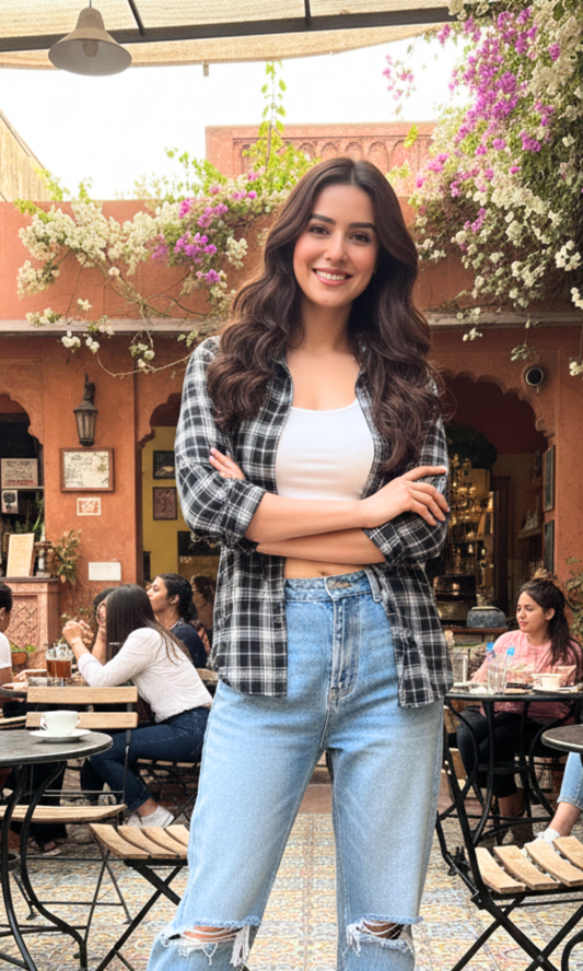 Noir block plaid check shirt for women featuring oversized black and charcoal checks, relaxed fit and breathable cotton fabric — easy everyday statement piece.