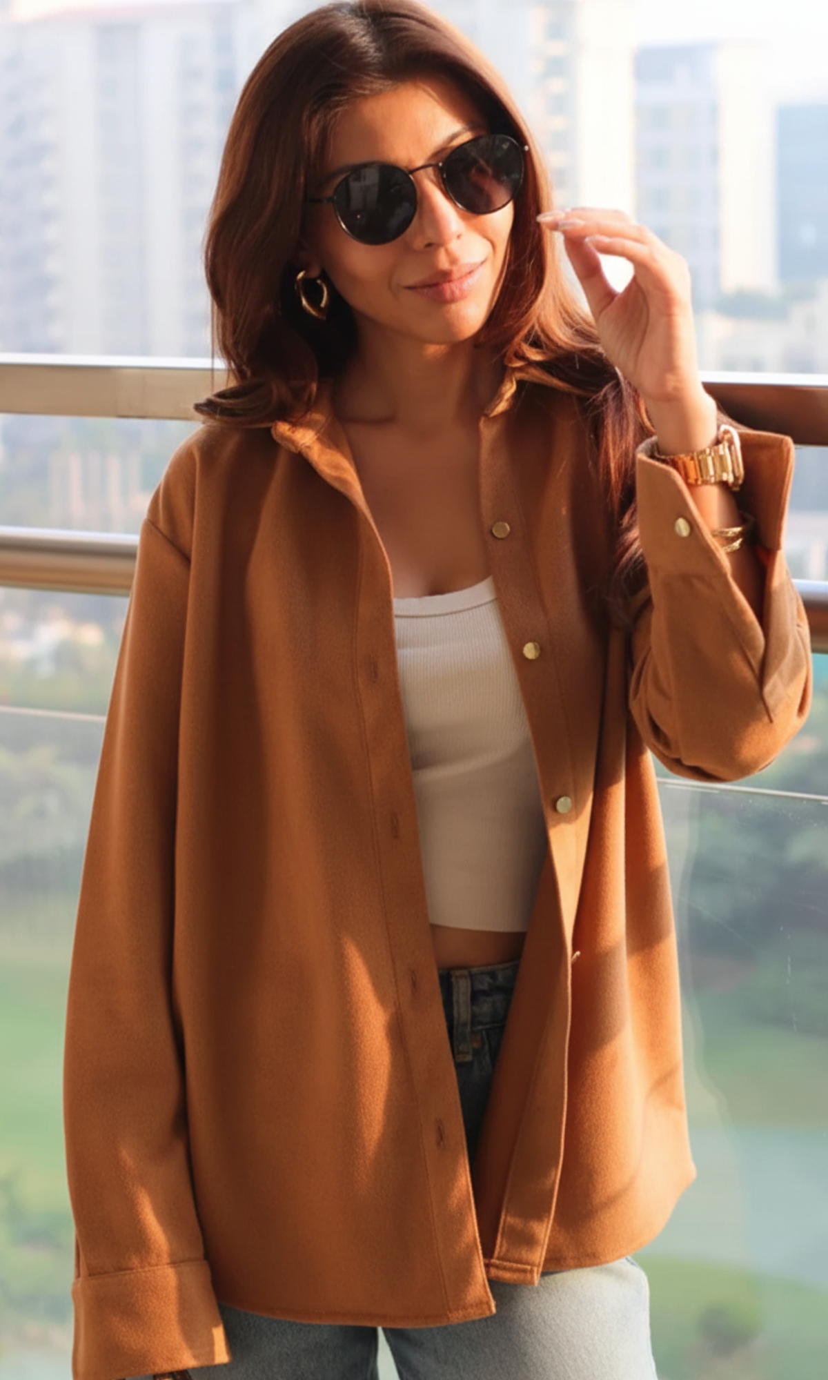 Soft Brown Suede Metallic Buttoned Shirt