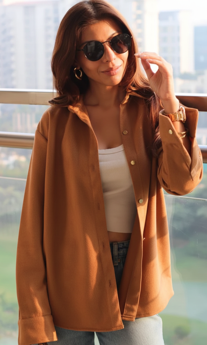 Soft Brown Suede Metallic Buttoned Shirt