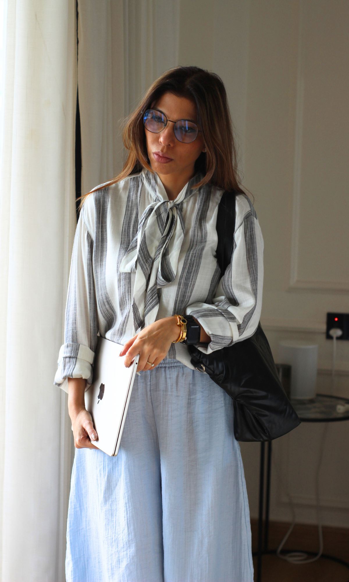 Ivory Stripe Bow Tie Shirt