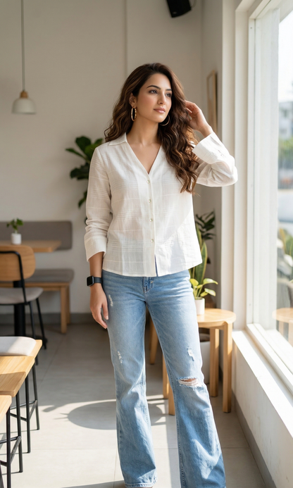 Ivory Textured Flared Sleeve Shirt