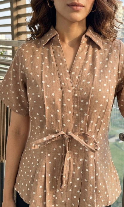 Beige Polka Tie Detail Top