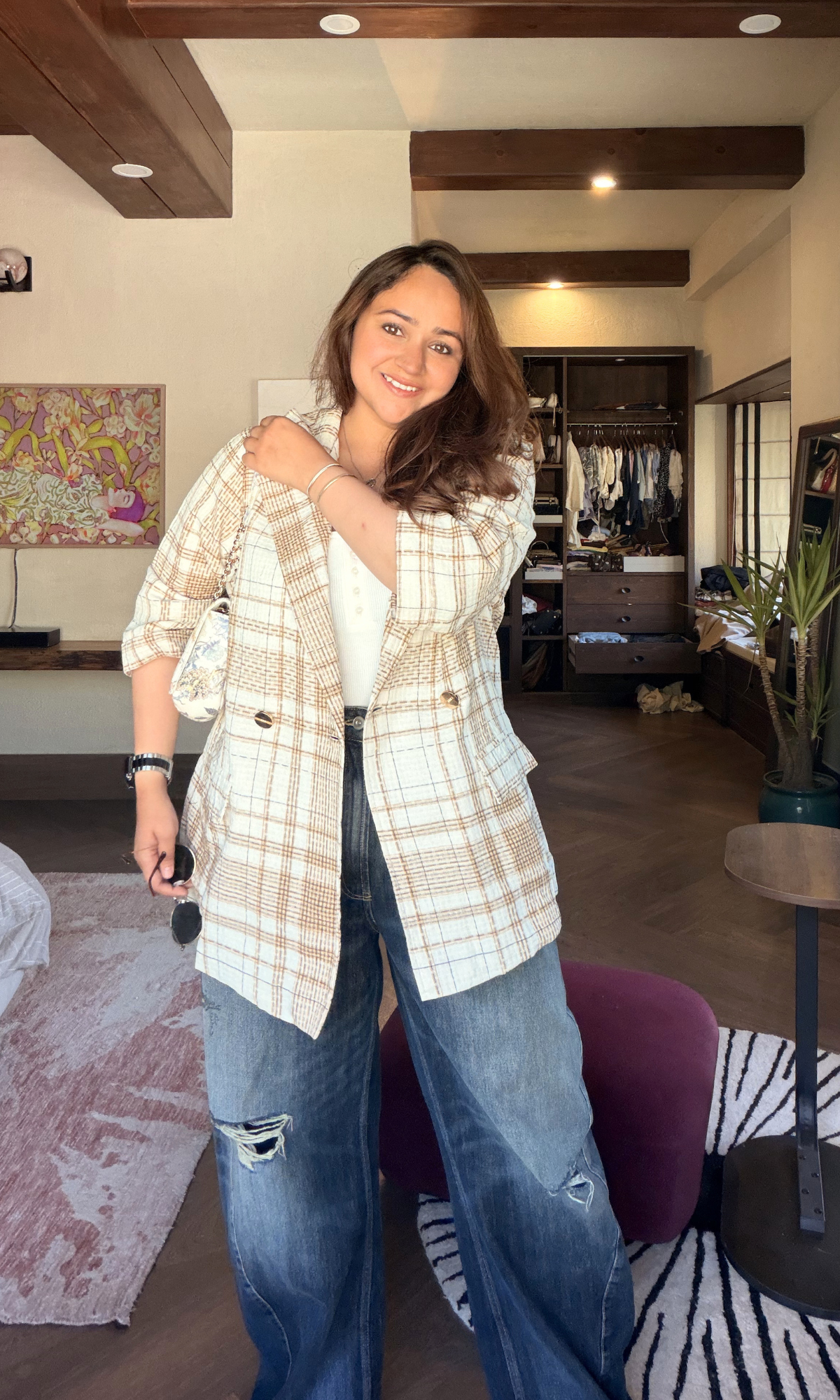 White Beige Checked Cotton Blazer