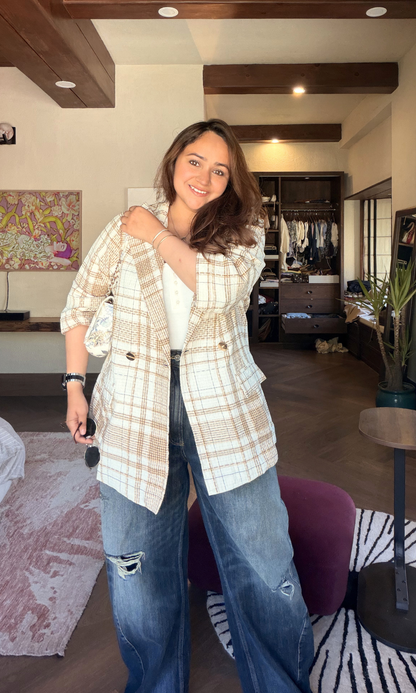White Beige Checked Cotton Blazer
