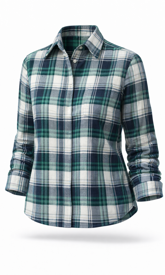 Teal-White Plaid Cotton Checked Shirt