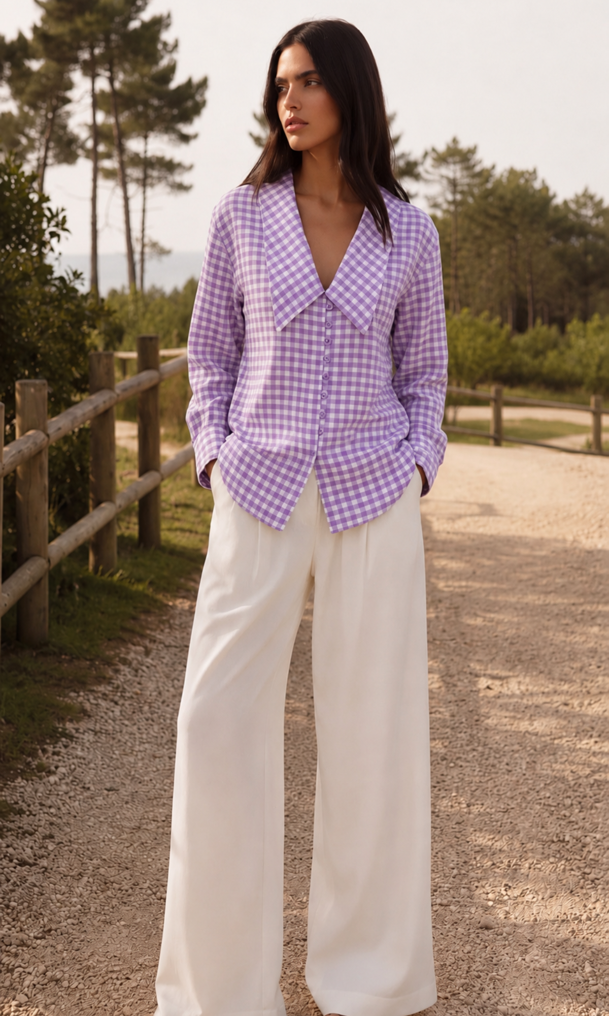 Lilac Gingham Oversized Collar Shirt