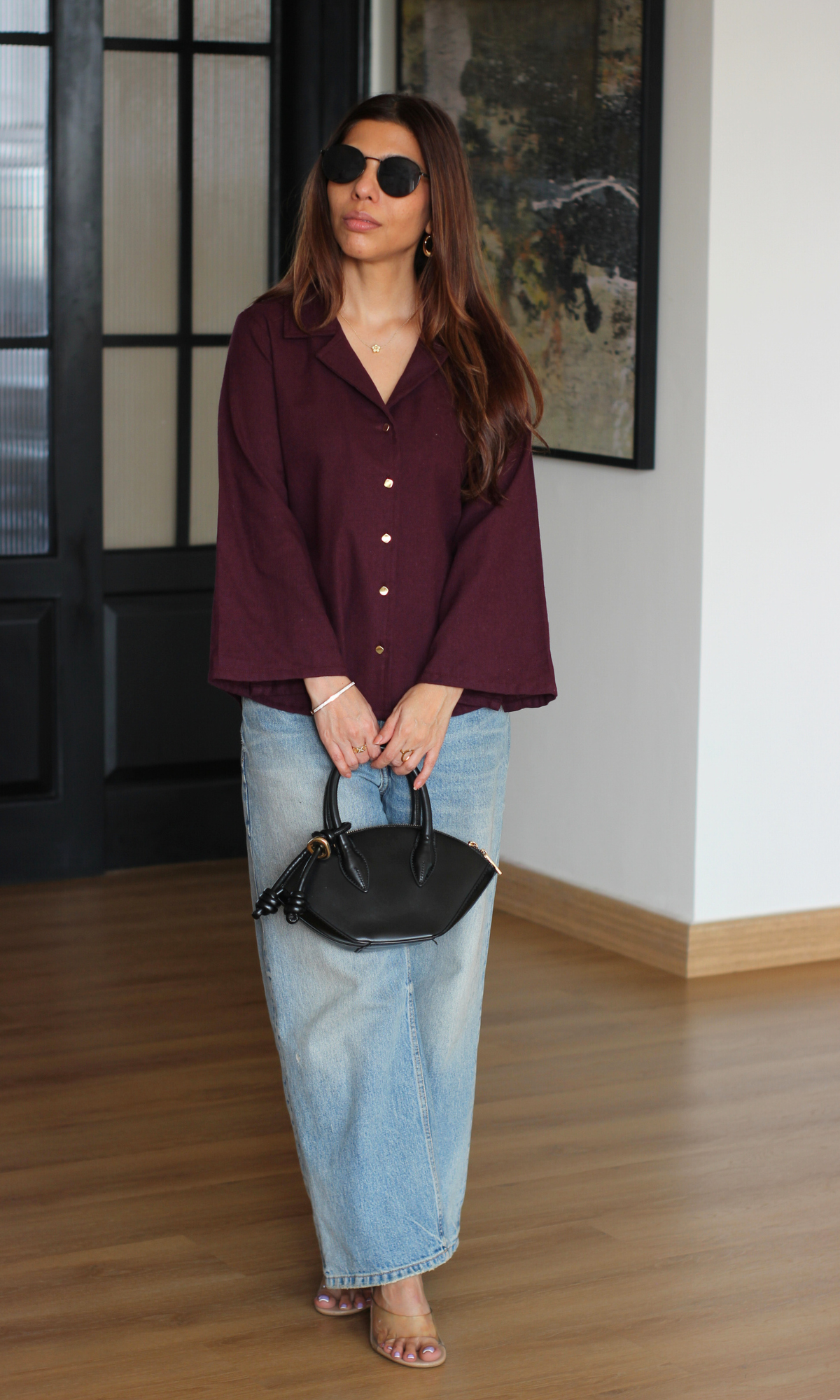 Wine Metallic Button Flared Sleeve Shirt