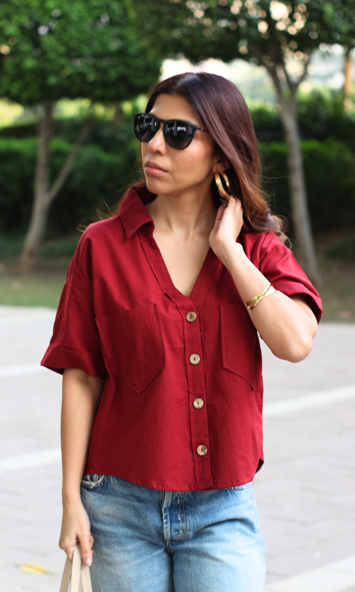 Maroon Cotton Cropped Shirt