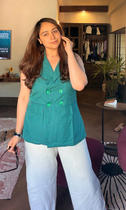 Green Blue Gingham Double-Breasted Waistcoat