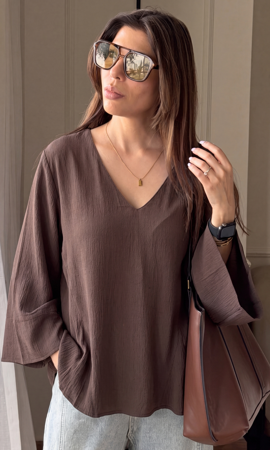 Mocha V-Neck Peplum Top