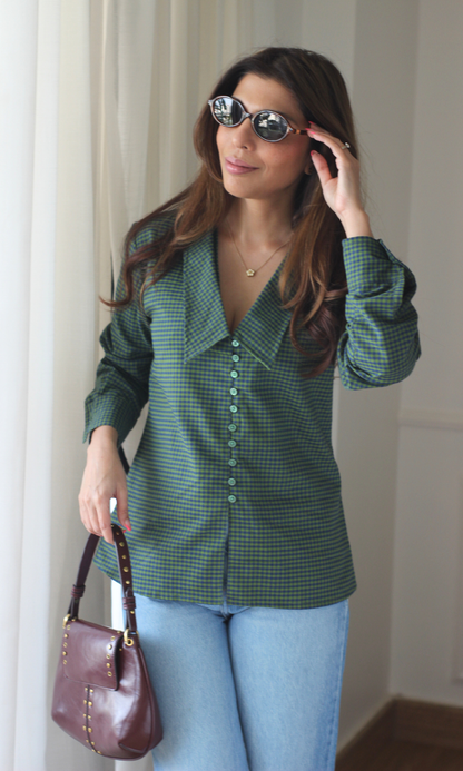 Olive Gingham Oversized Collar Shirt