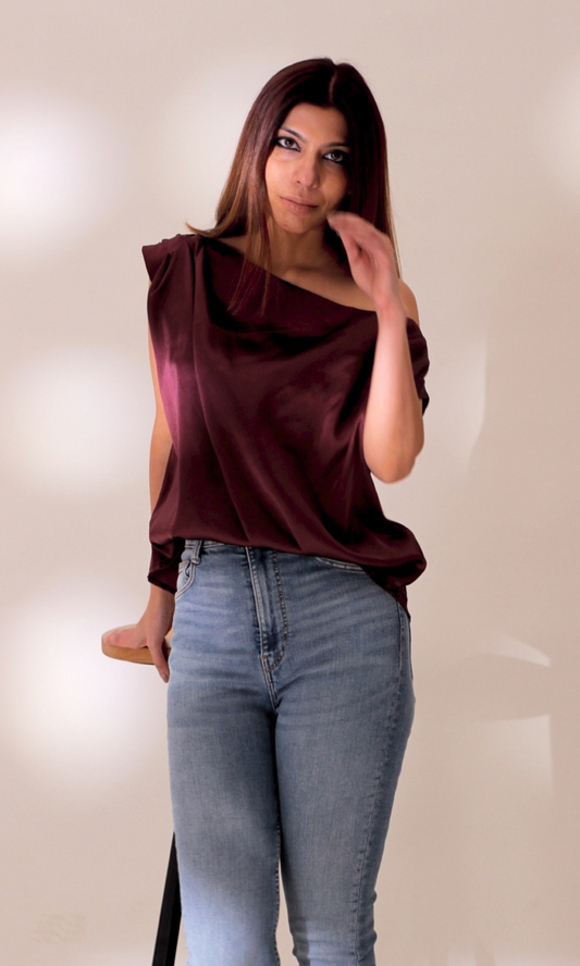 Wine One-Shoulder Top