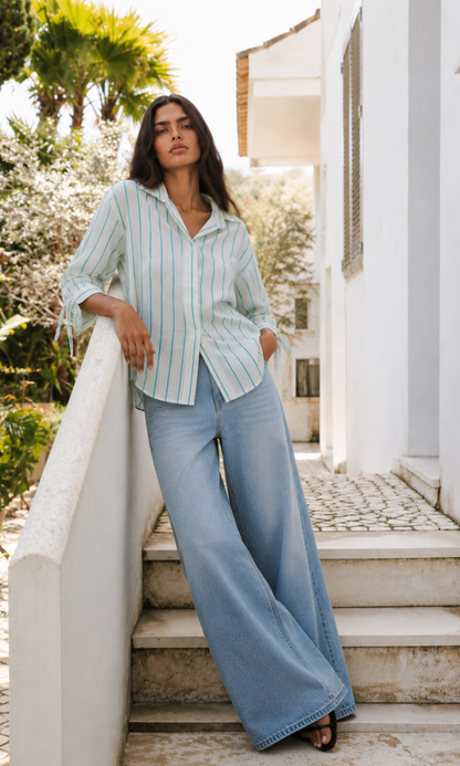 Ivory Teal Stripe Bow Detail Shirt