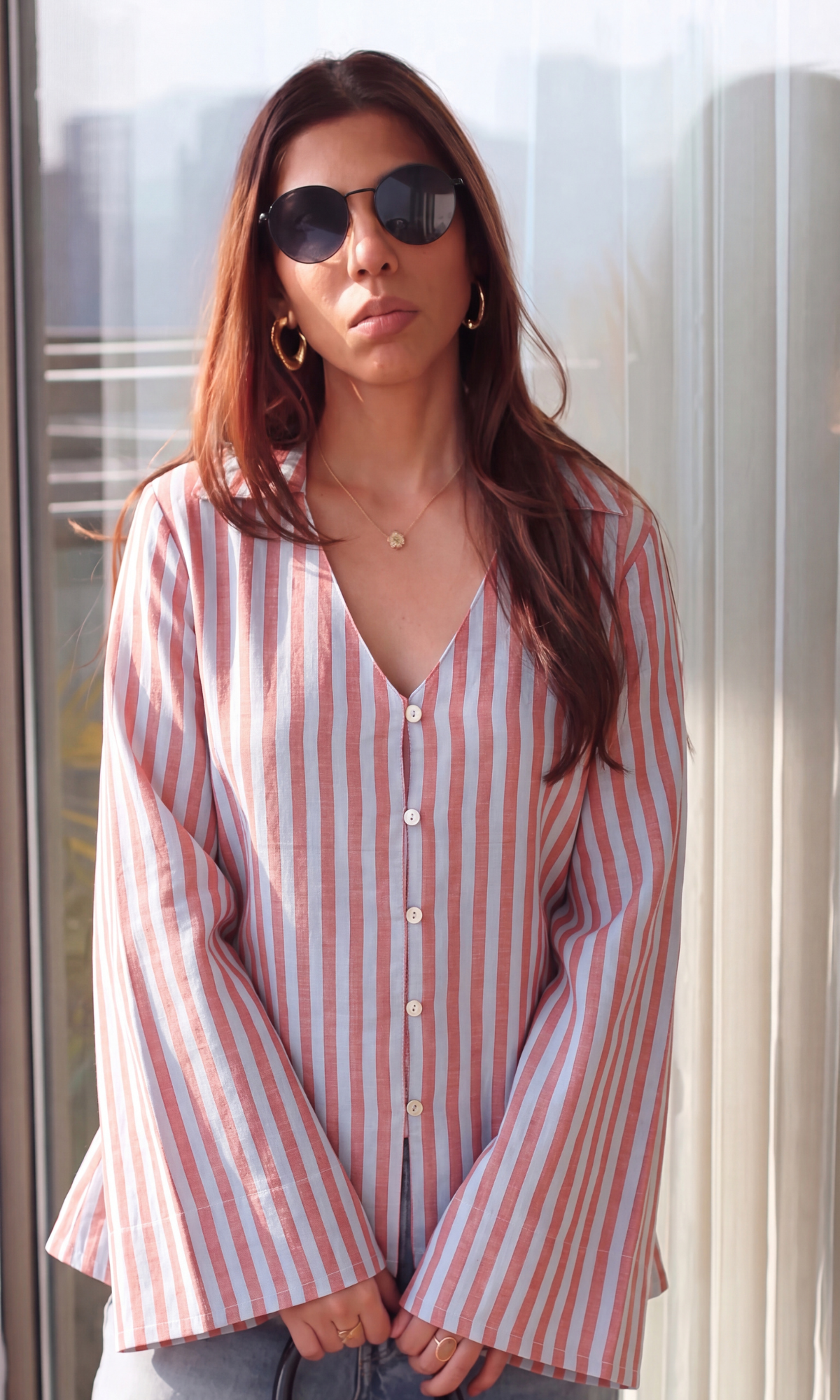 Rust Blue Stripe Bell-Sleeve Shirt