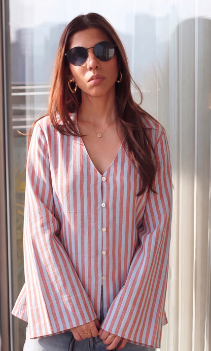 Rust Blue Stripe Bell-Sleeve Shirt