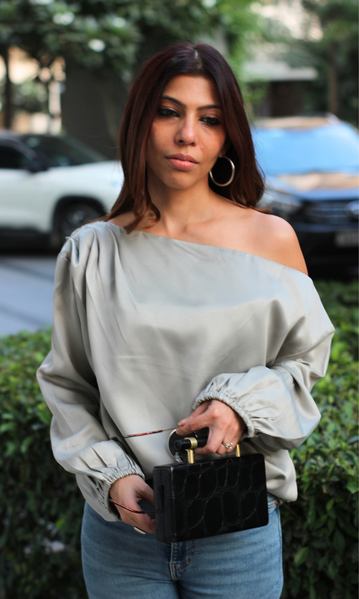 Fossil Grey Balloon Sleeved One Shoulder Top