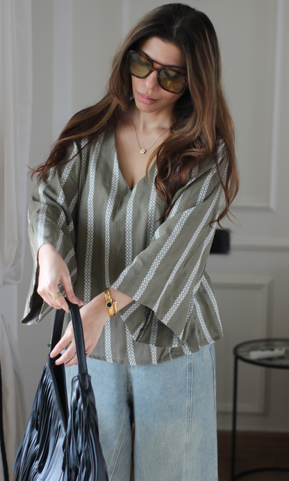 Olive Woven Border Stripe V-Neck Top