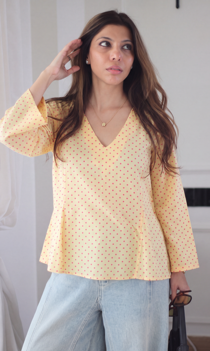 Yellow Polka Dot V-Neck  Top