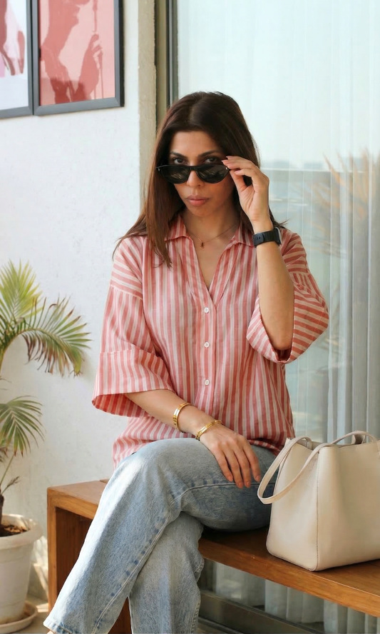 Coral-White Lurex Loose Shirt