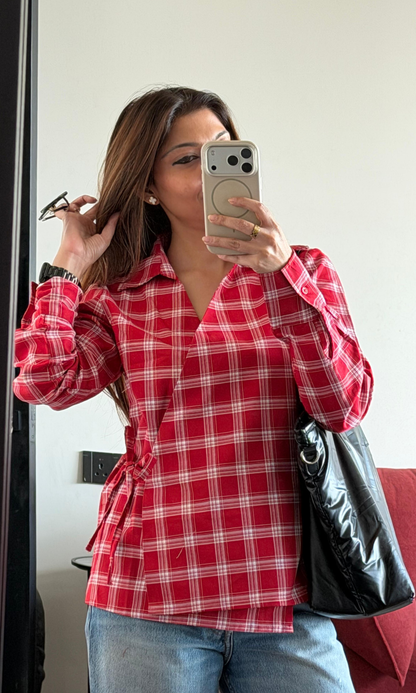 Red Block Check Kimono