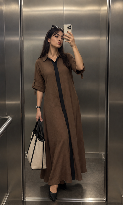 Mocha Contrast Placket Maxi Dress