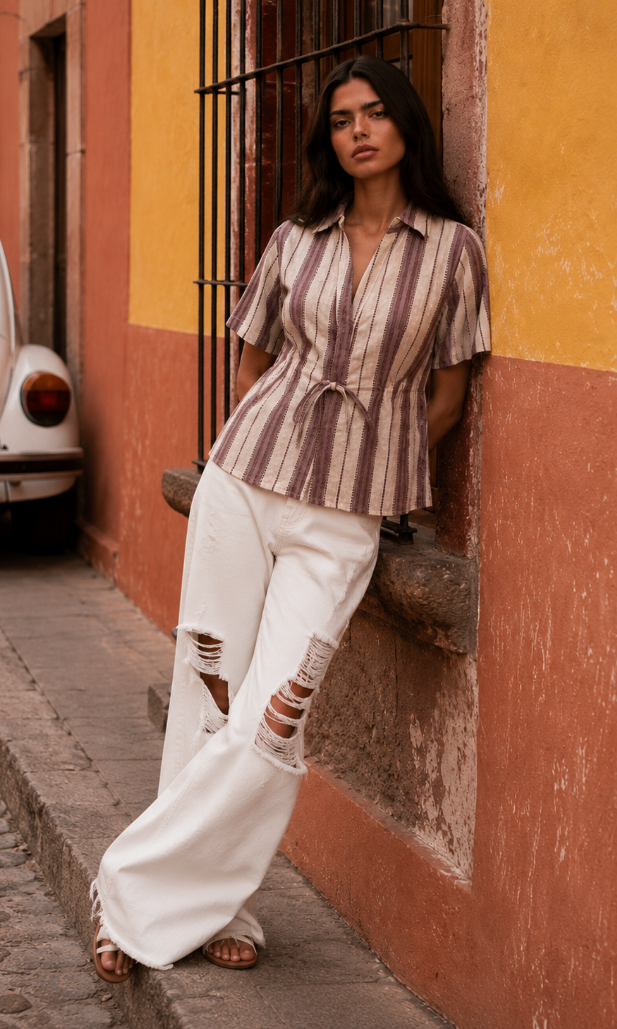 Slate Linen Plaid Drawstring-Waist Top
