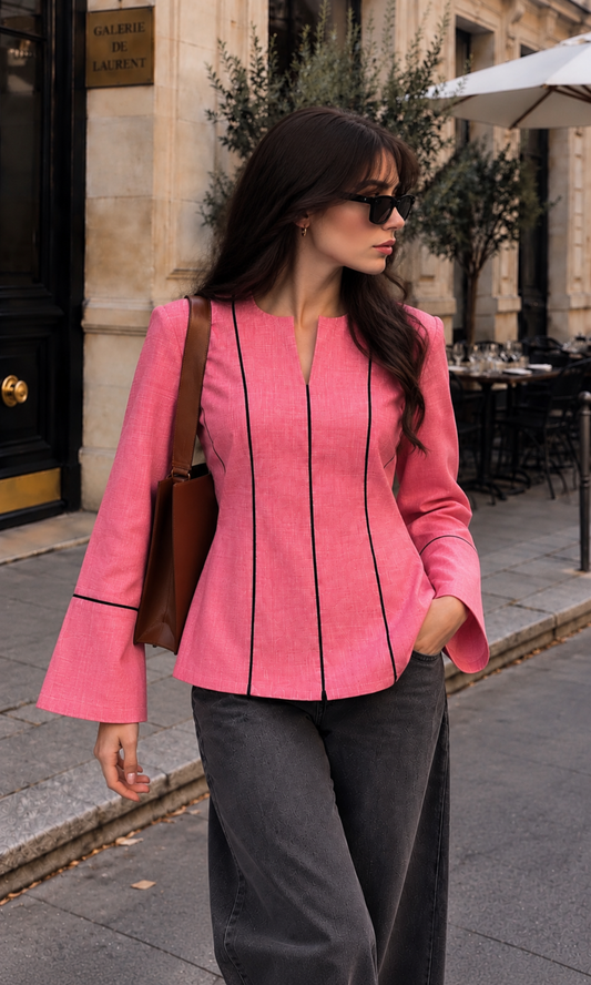 Contrast-Piped Sunset Coral Blouse