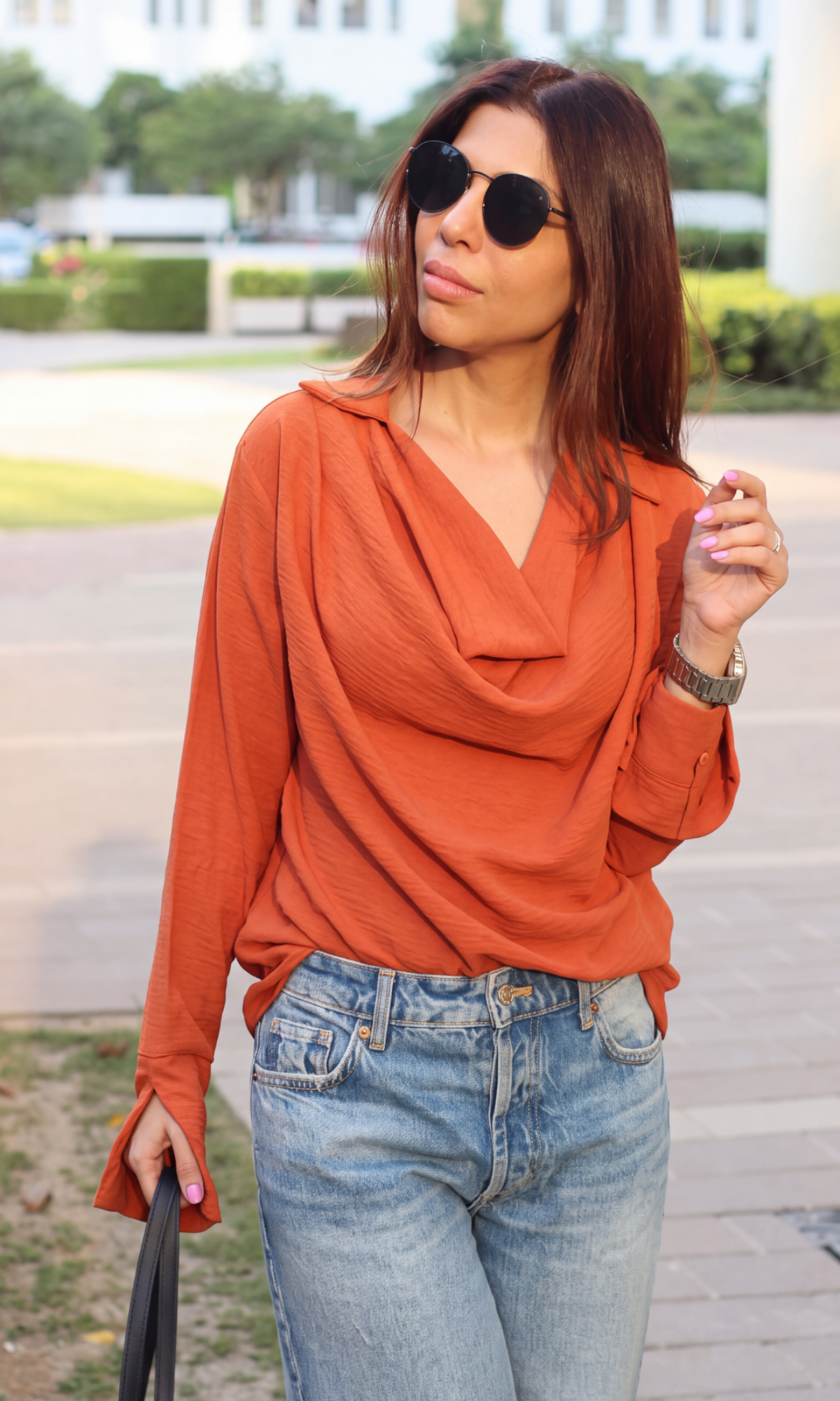 Terracotta Collared Cowl-Neck Top