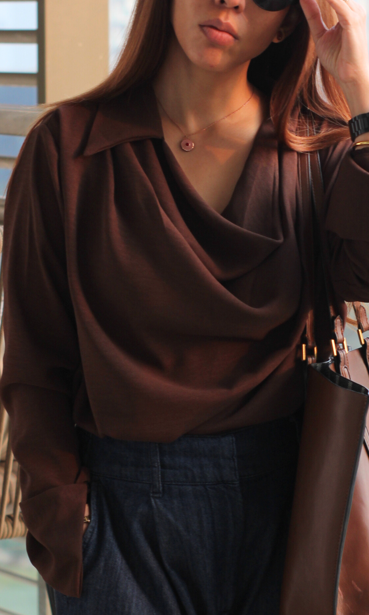 Dark Brown Collared Cowl Neck Top