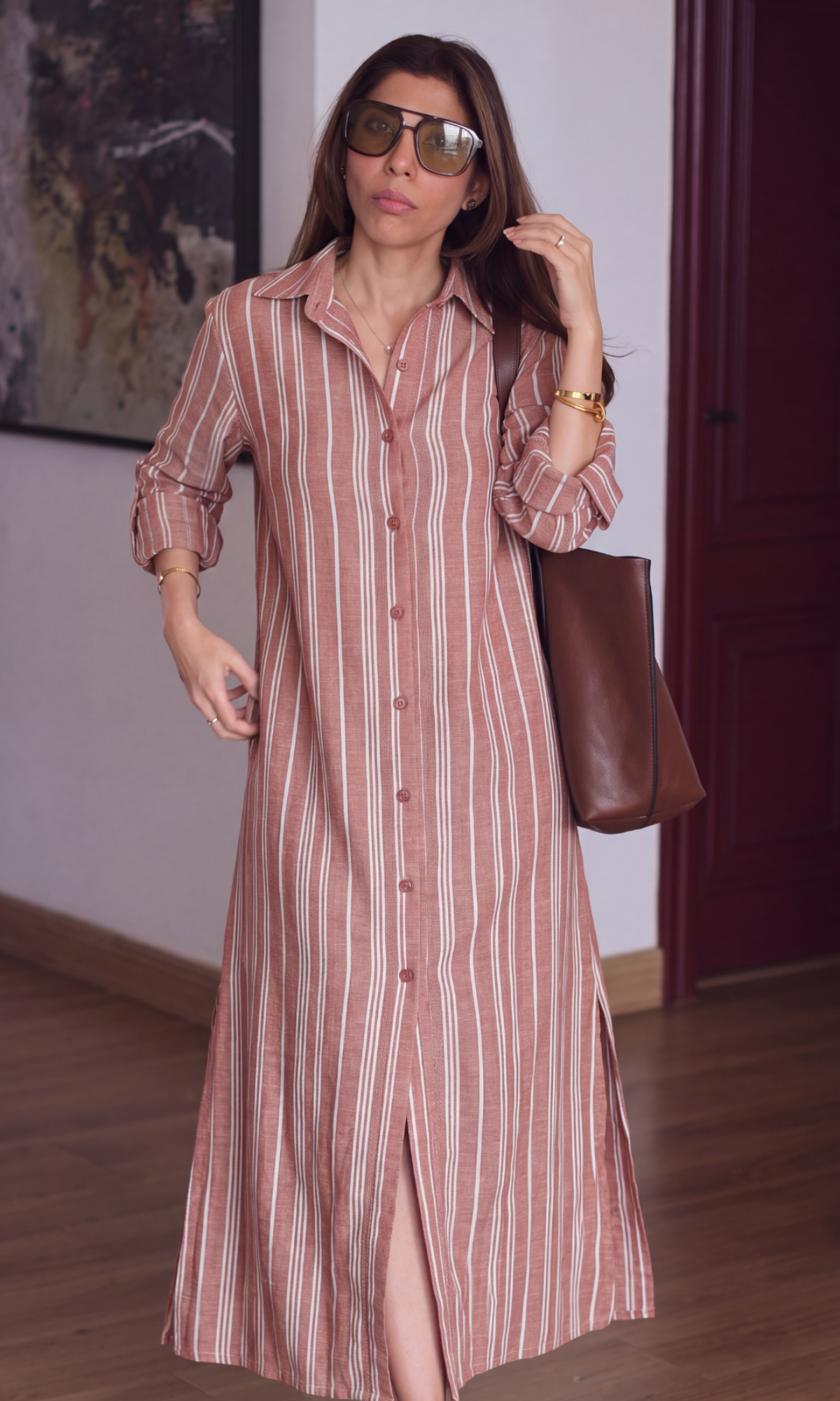 Cinnamon Stripe Maxi Shirt Dress