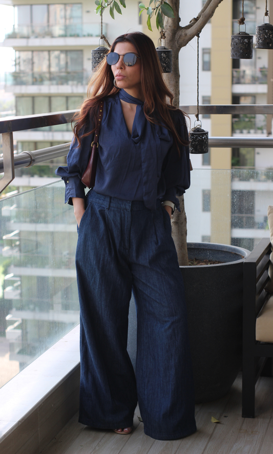Indigo Neck Tie Detail Top