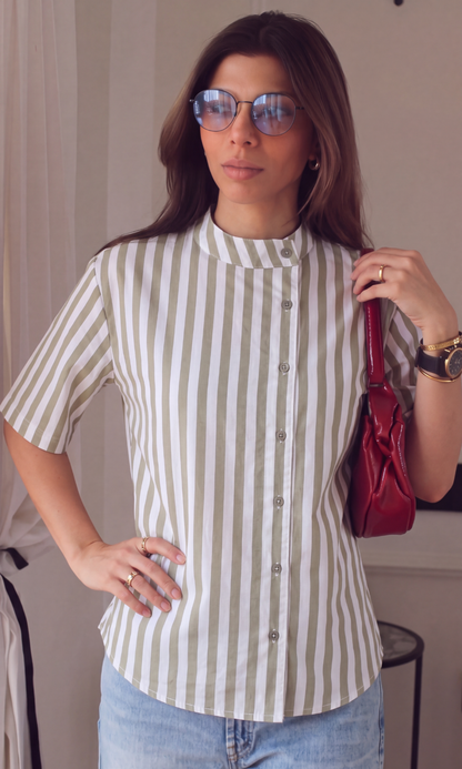 Olive Green Striped Mandarin Collar Shirt