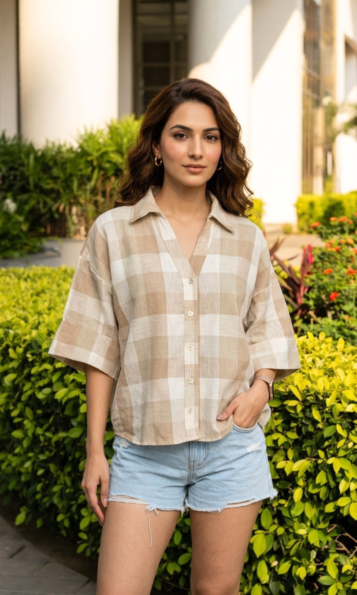 Beige Check Loose Shirt