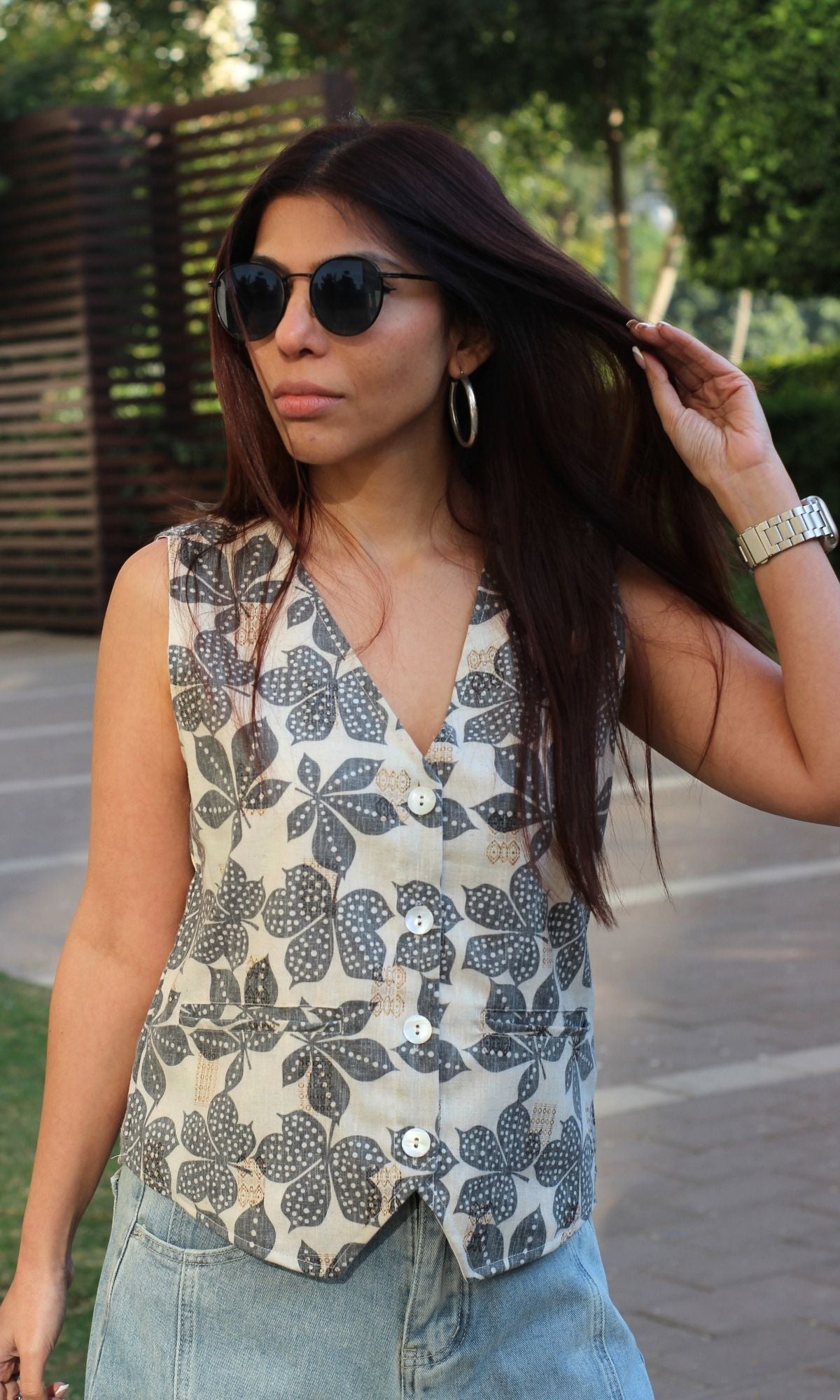 Black Leaf Print Waist Coat