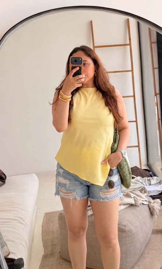 Butter Yellow Linen Asymmetric Top