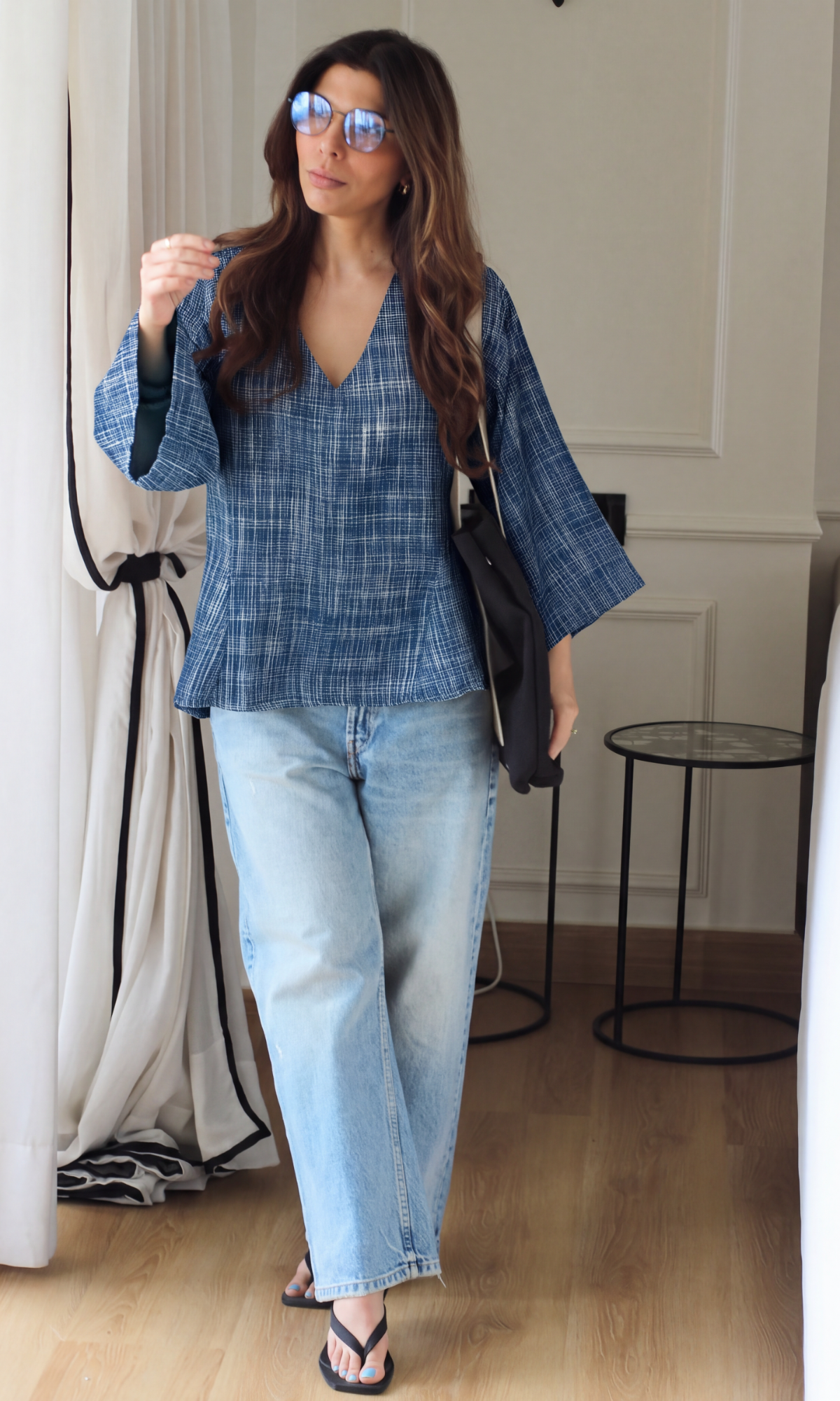 Navy Crosshatch V-Neck Peplum Top