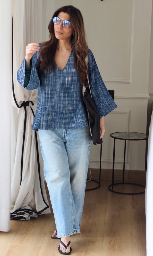 Navy Crosshatch V-Neck Peplum Top