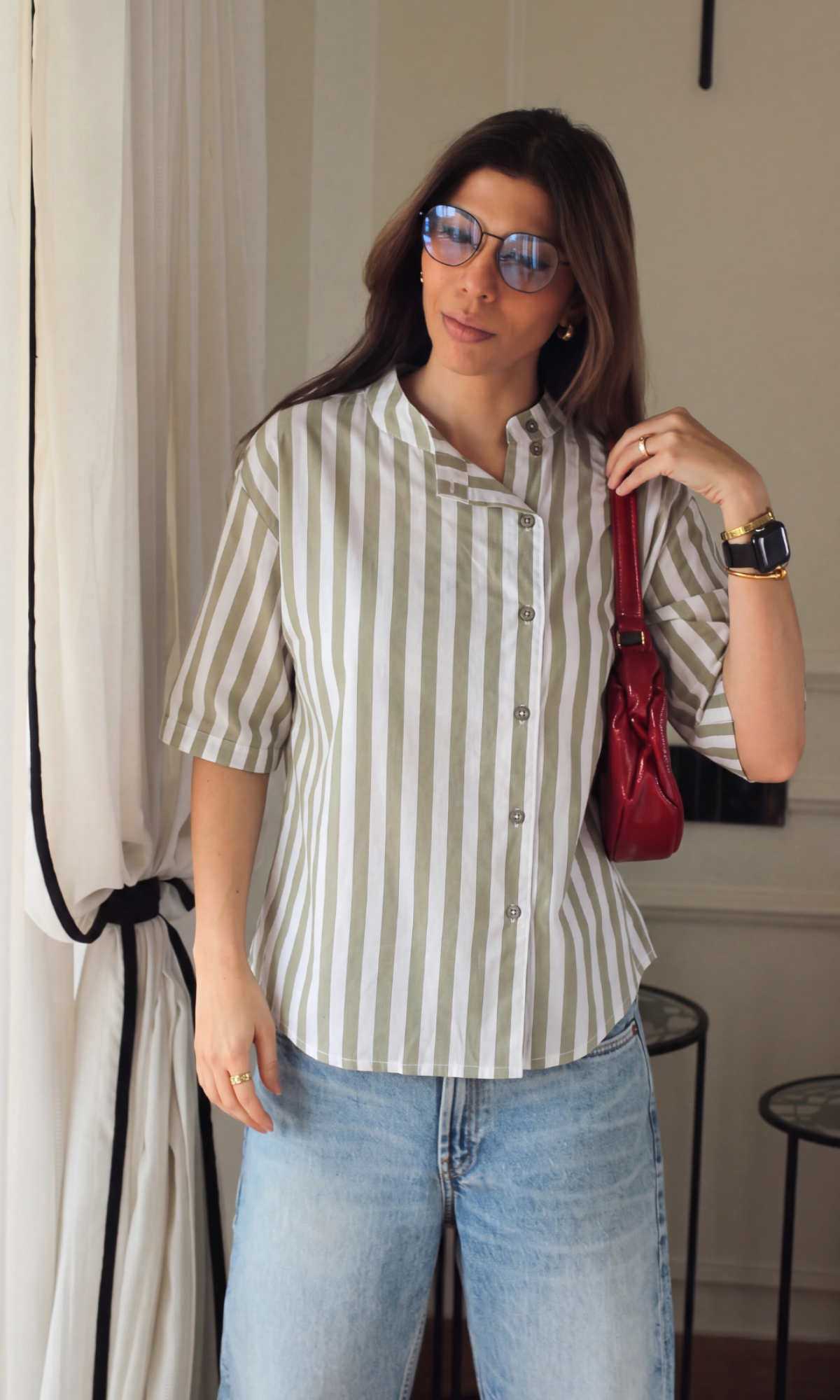 Olive Green Striped Mandarin Collar Shirt