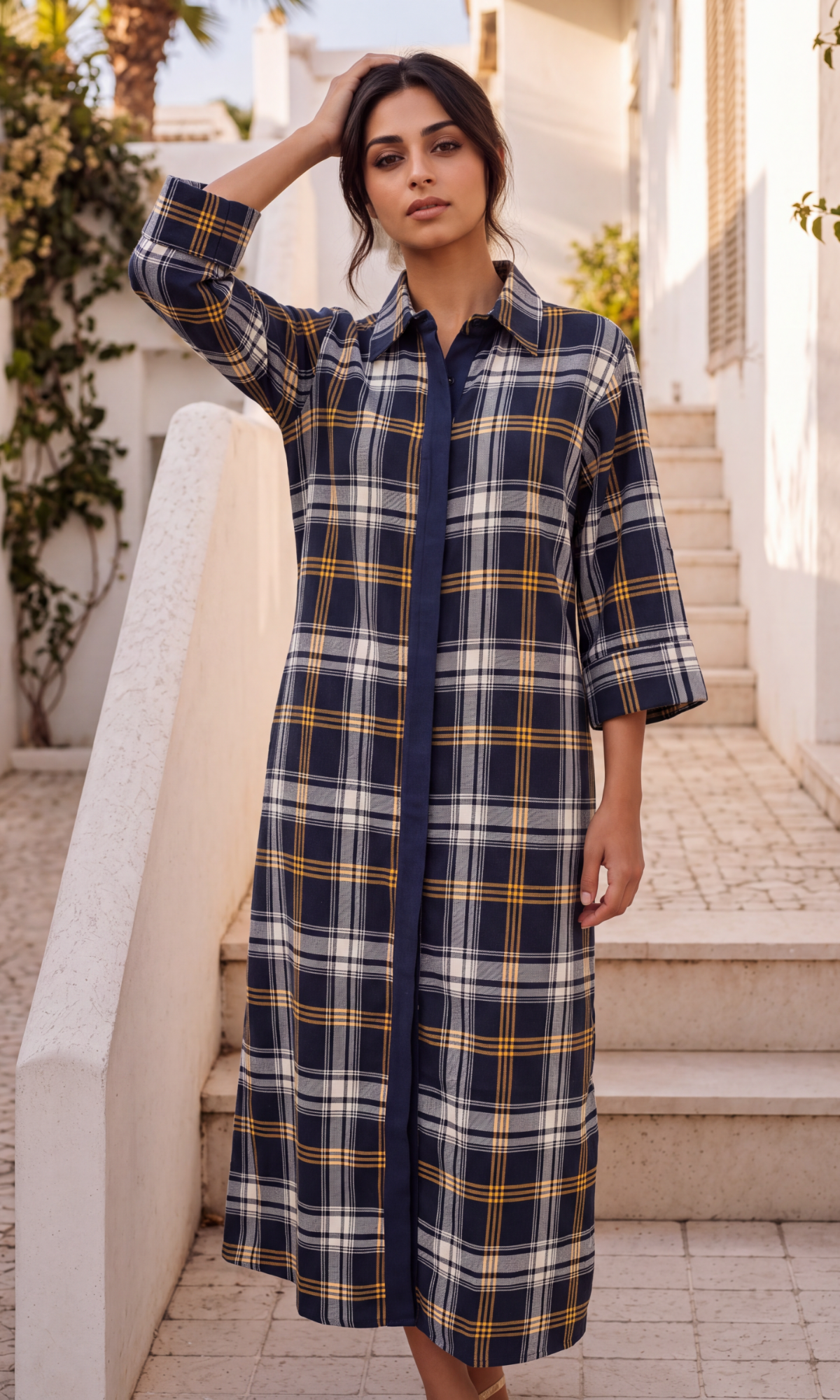 Navy Tartan Contrast Shirt Dress