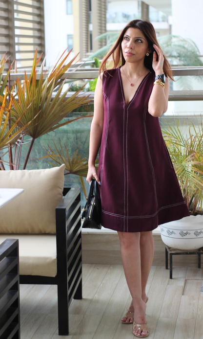Wine Stitch A-Line Dress