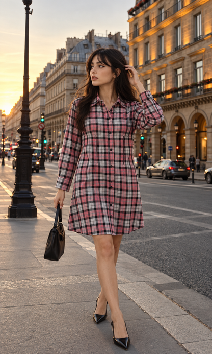Salmon & Cocoa Check Corset Shirt Dress